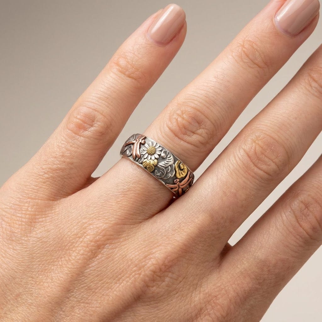 Vintage Sunflower Dragonfly Ring