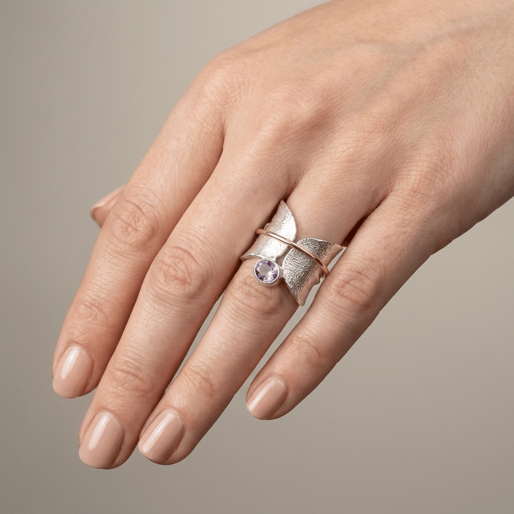 Butterfly Amethyst Silver and Gold Ring