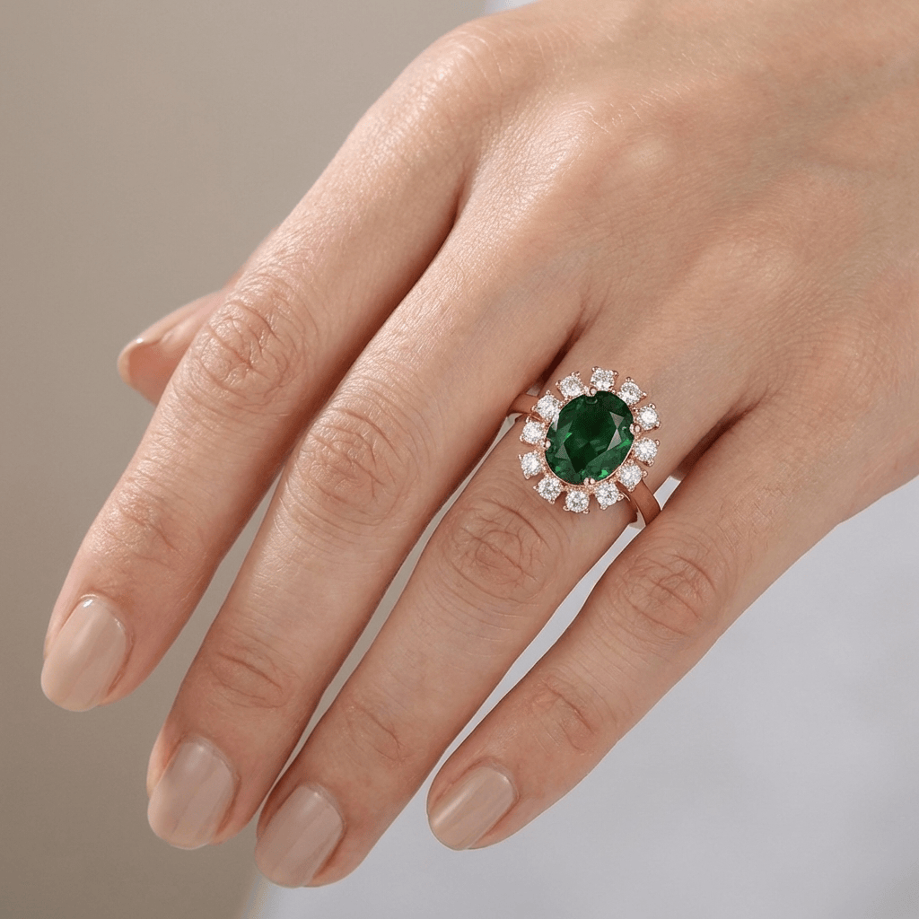Rose Gold Emerald Halo Ring