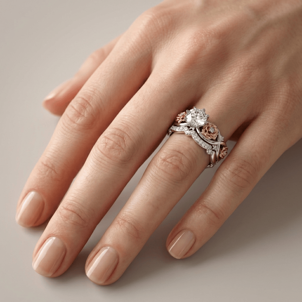 Silver Rose Gold Zirconia Floral Ring