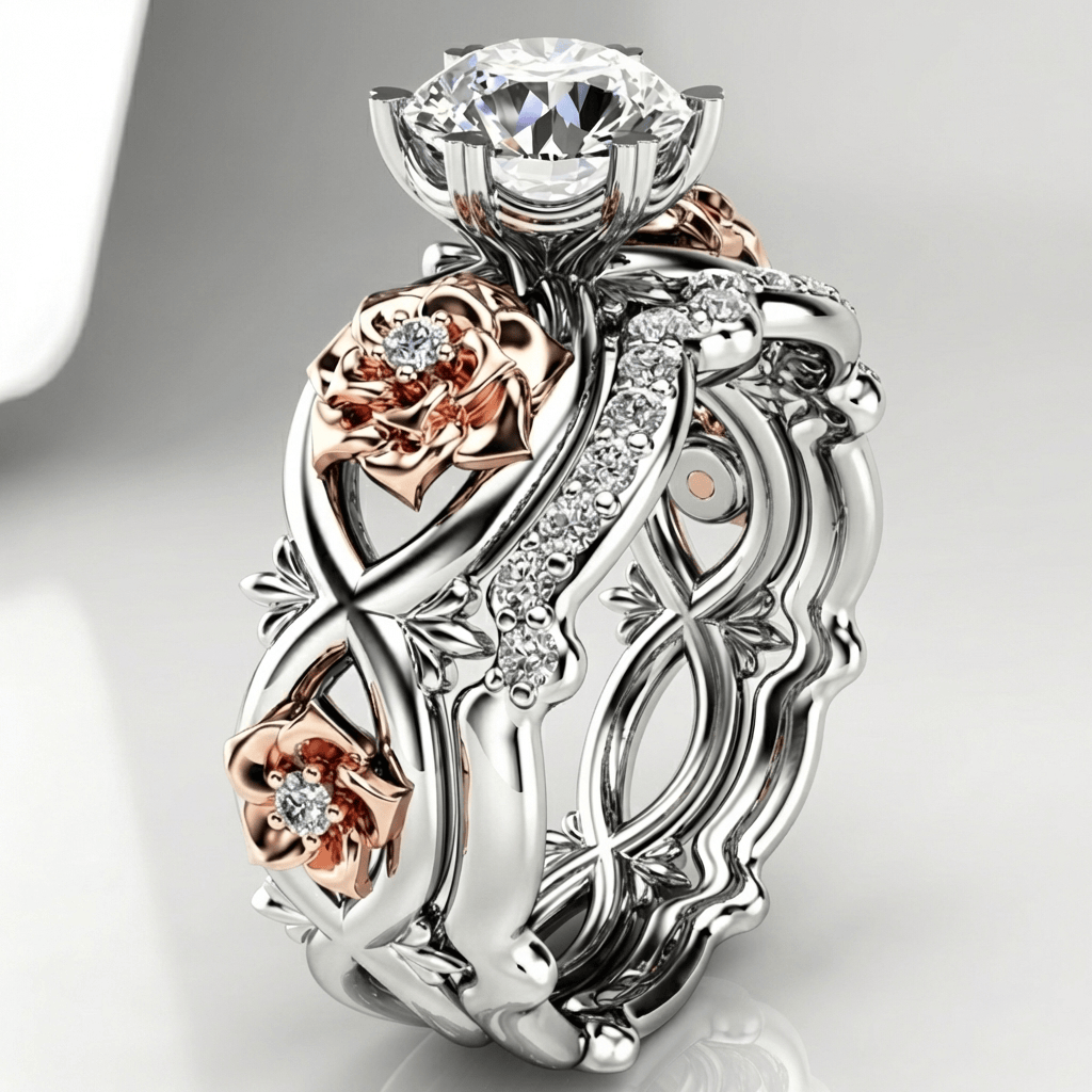 Silver Rose Gold Zirconia Floral Ring