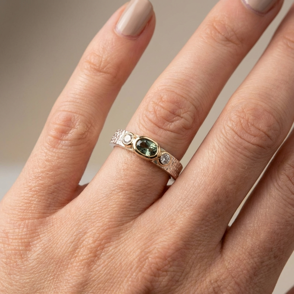 Green and White Sapphire Ring