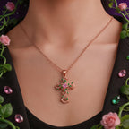 Gold Vine Leaf Pink Cross Necklace
