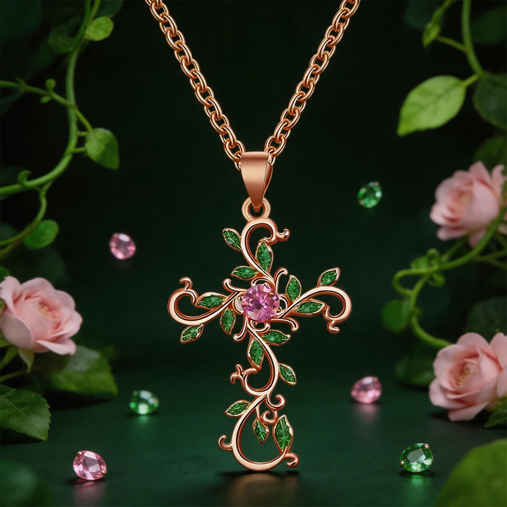 Gold Vine Leaf Pink Cross Necklace
