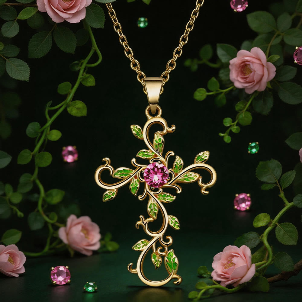 Gold Vine Leaf Pink Cross Necklace