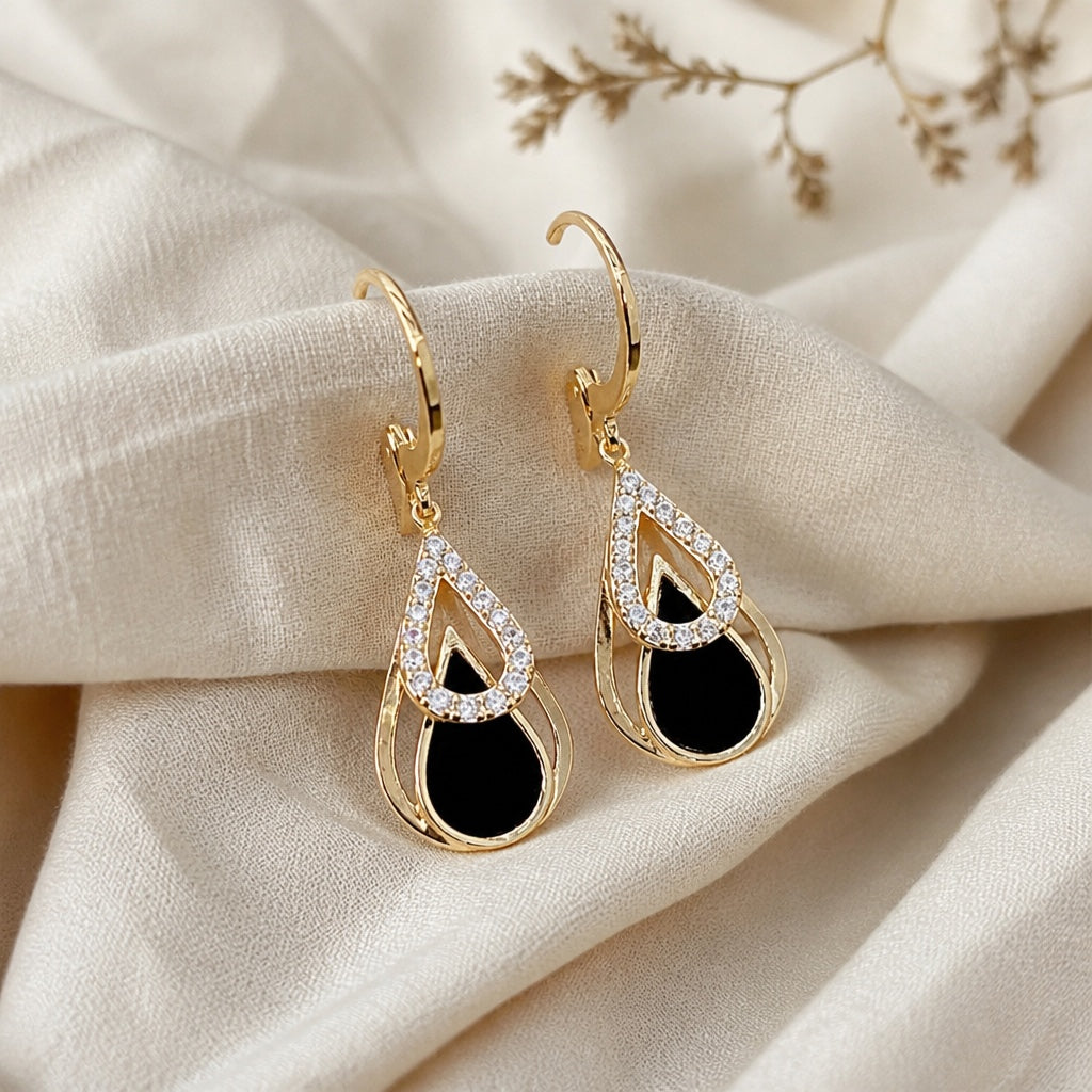 Black Drop Zirconia Gold Earrings