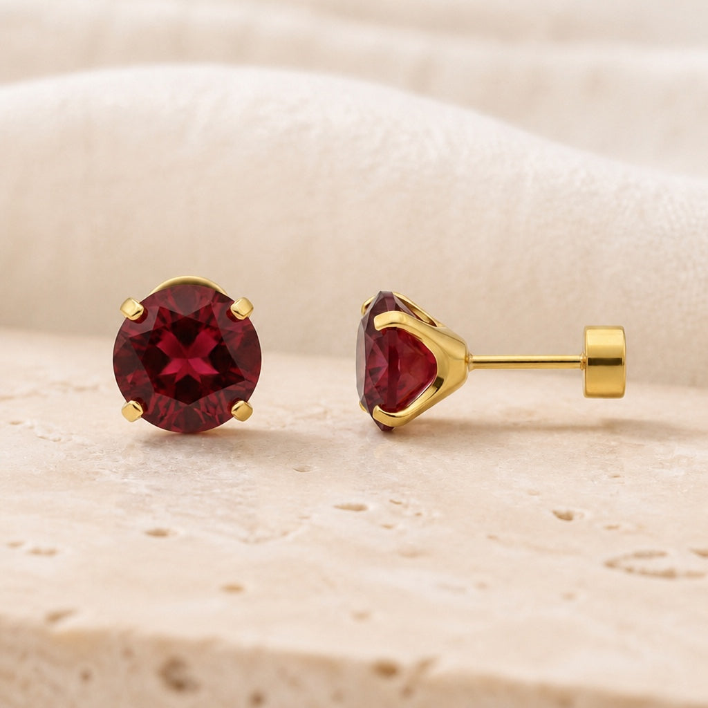 Ruby Round Stud Gold Earrings