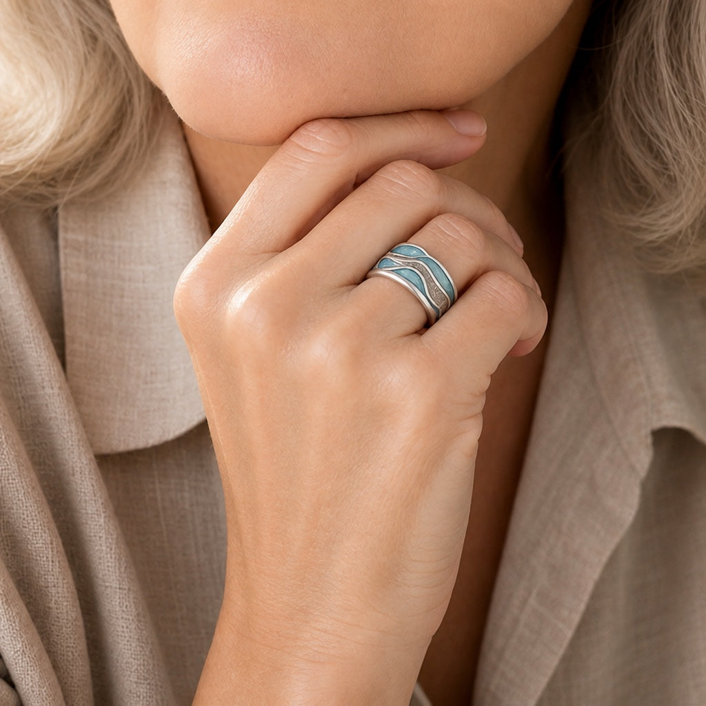 Turquoise Silvered Waves Ring