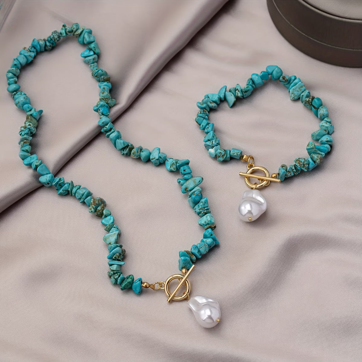 Turquoise Pearl Necklace Bracelet Set