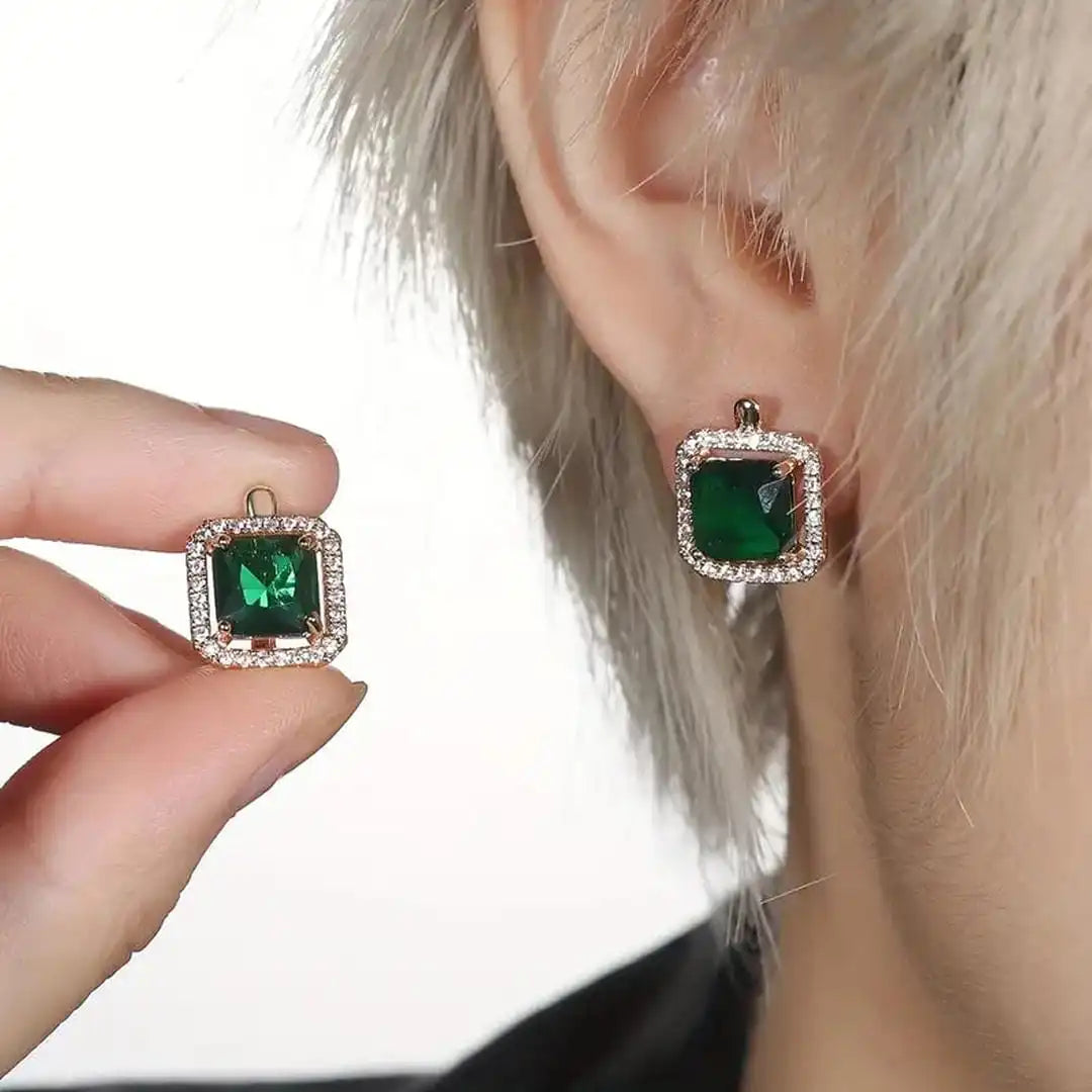 Green Square Zirconia Gold Earrings
