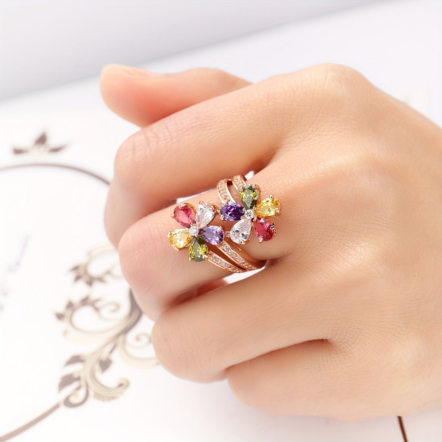 Multicolor Zirconia Double Flower Ring