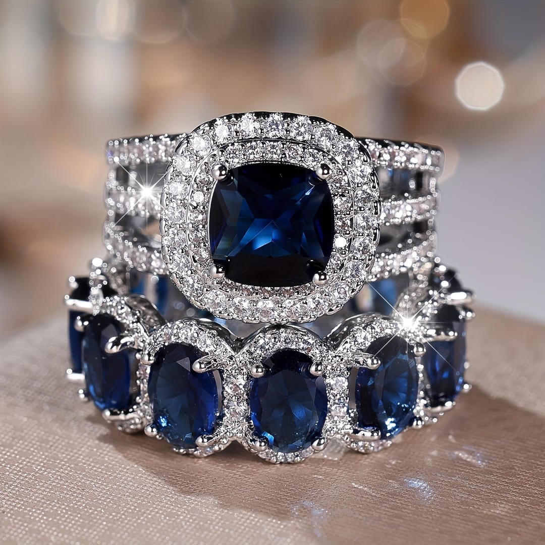 Sapphire Halo Stack Silver Ring Set