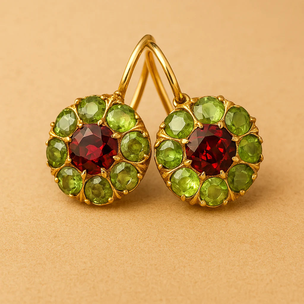 Vintage Rounded Green Red Crystal Earrings