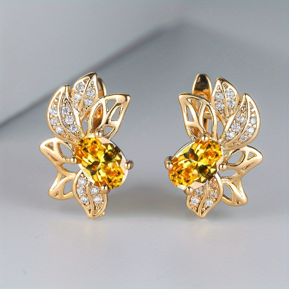Oval Cut Stone Leaf Earrings