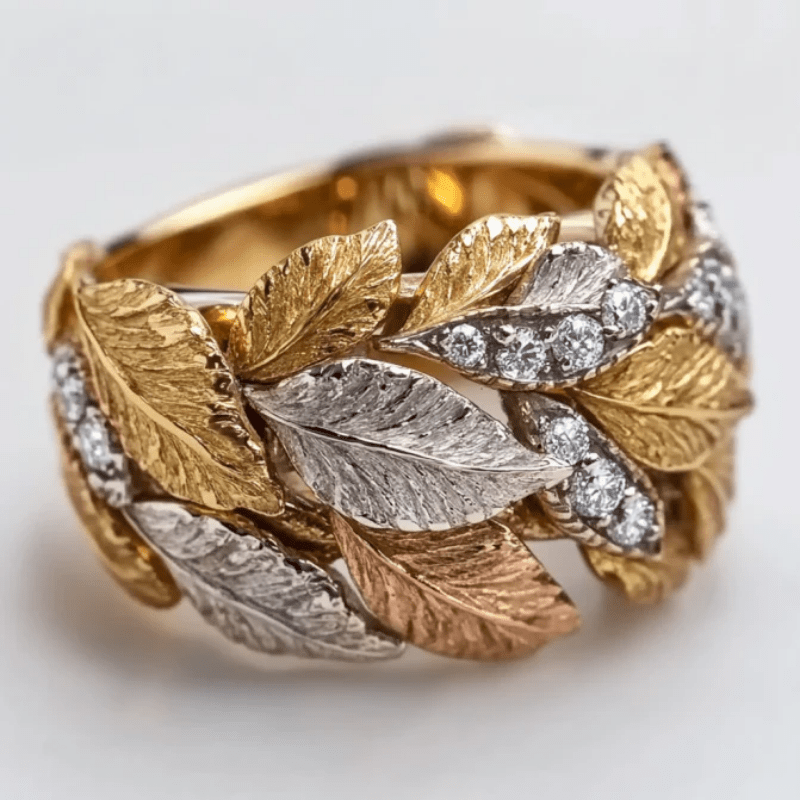 Unique Zirconia Leaf Gold Ring