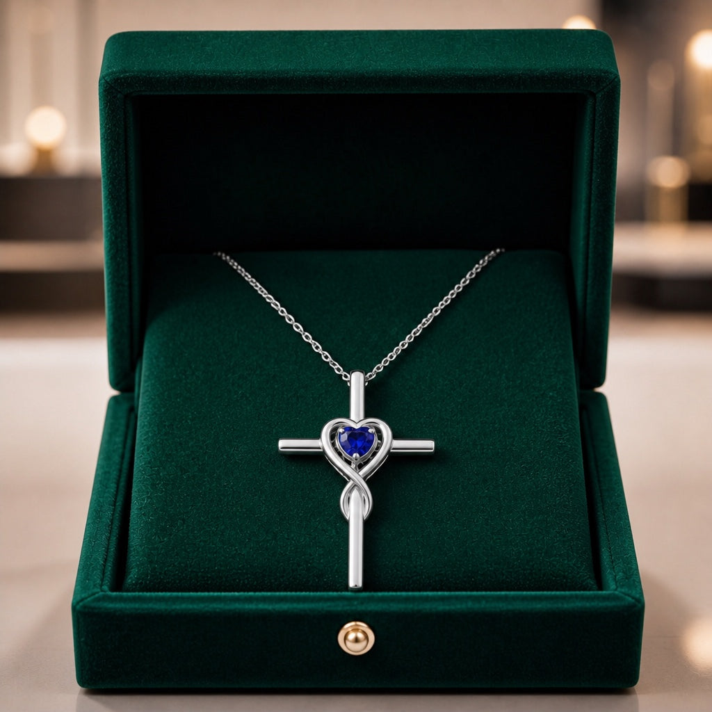 Sapphire Heart Stone Cross Necklace