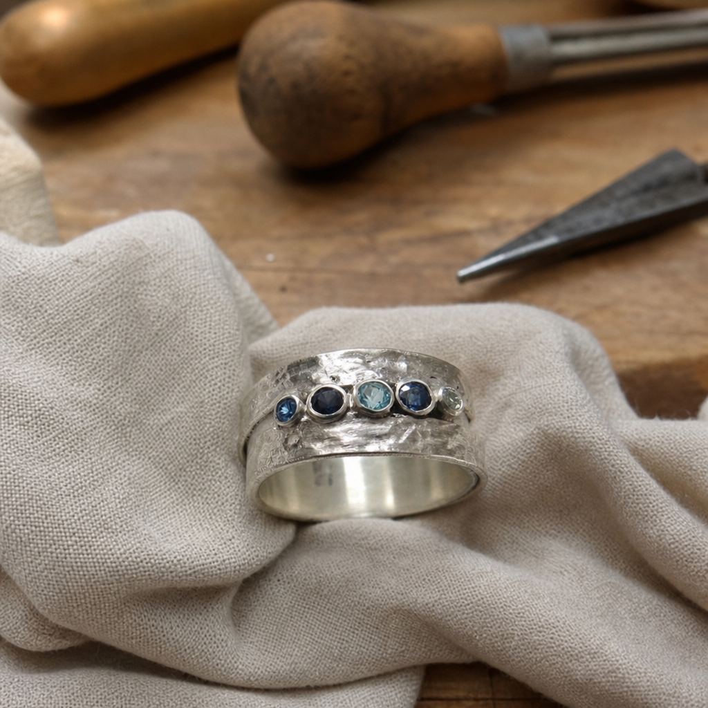 Blue Inlaid Stones Silver Ring