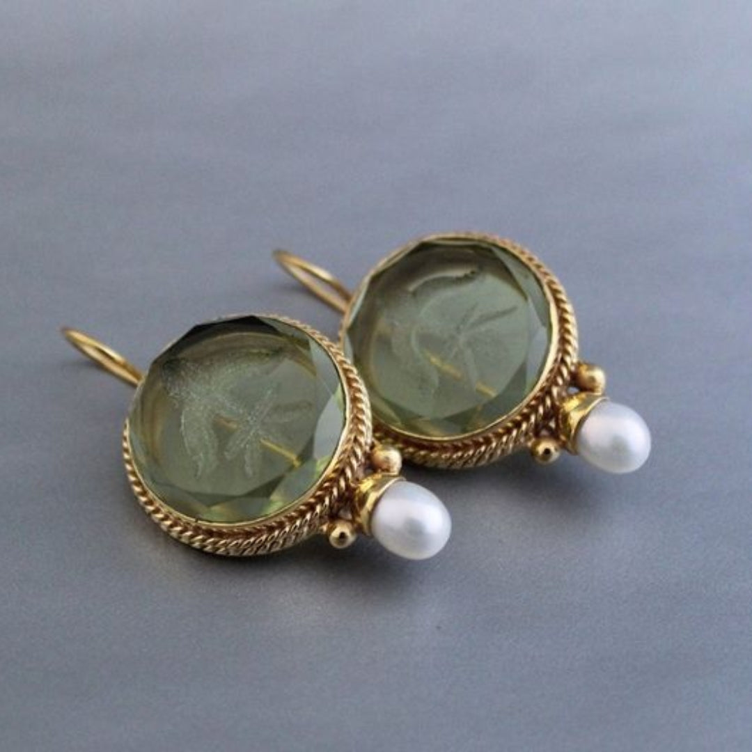 Vintage Rounded Green Pearl Earrings