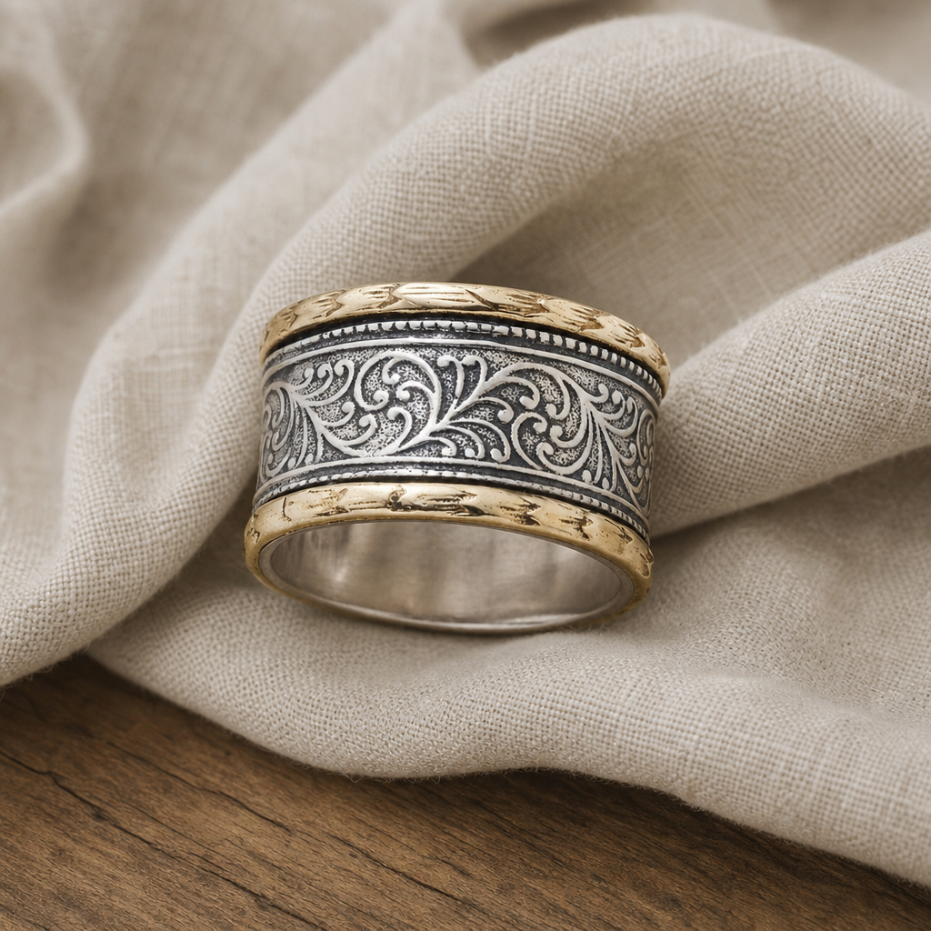 Two Tone Carved Crown Ring