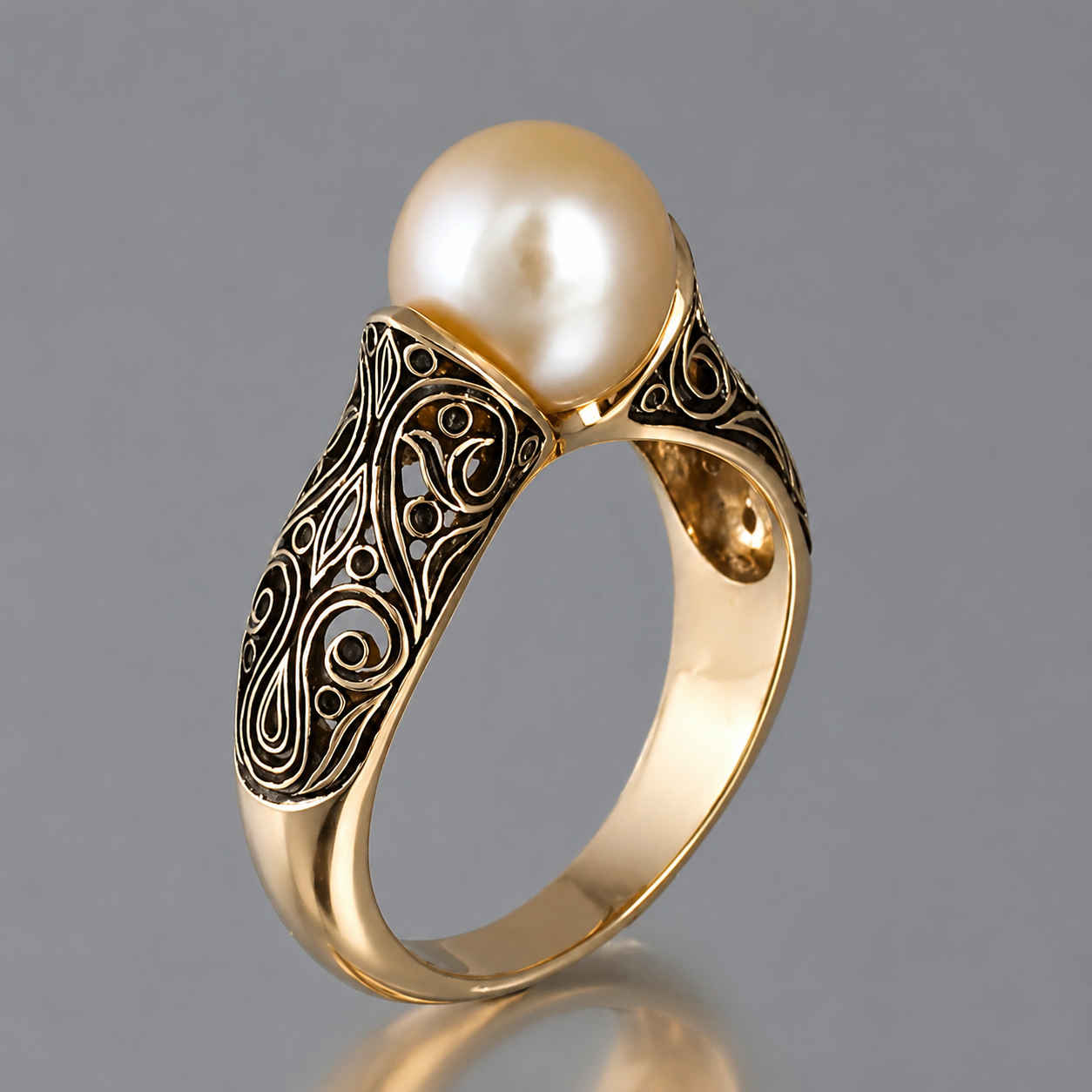 Vintage Pearl Carved Gold Ring