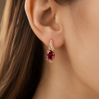 Gold Ruby Oval Drop Earrings
