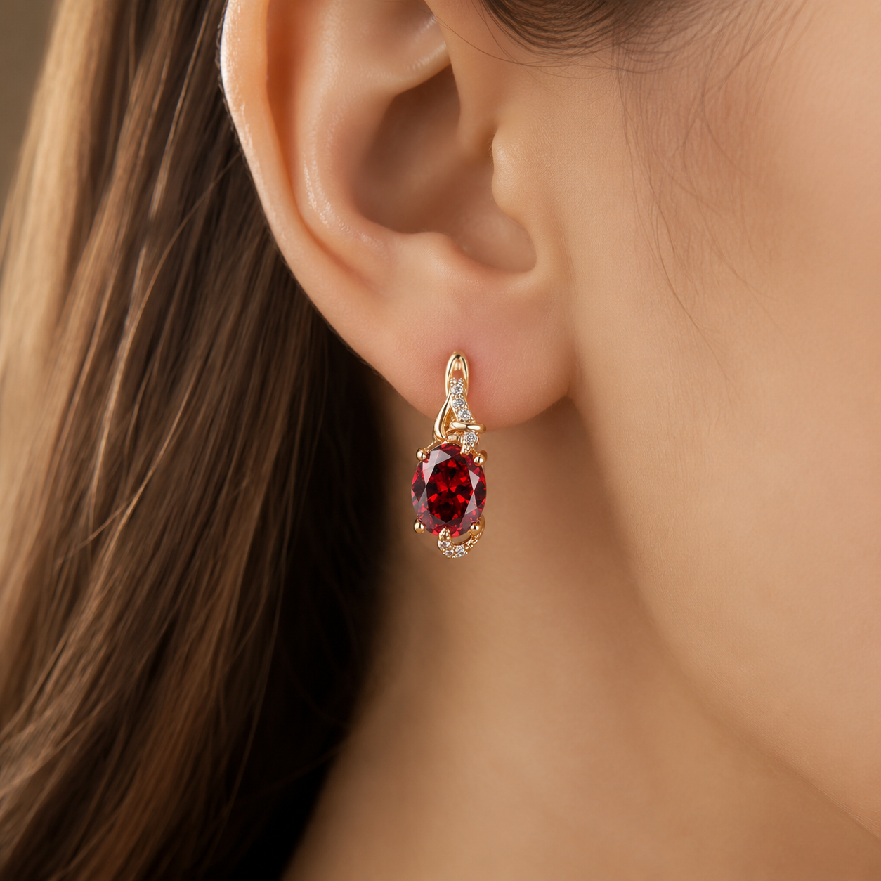 Gold Ruby Oval Drop Earrings