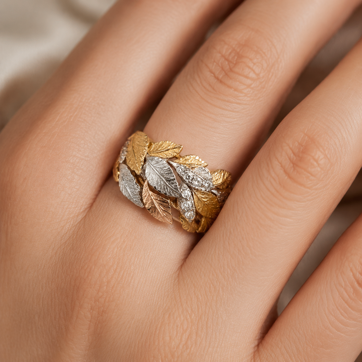 Unique Zirconia Leaf Gold Ring
