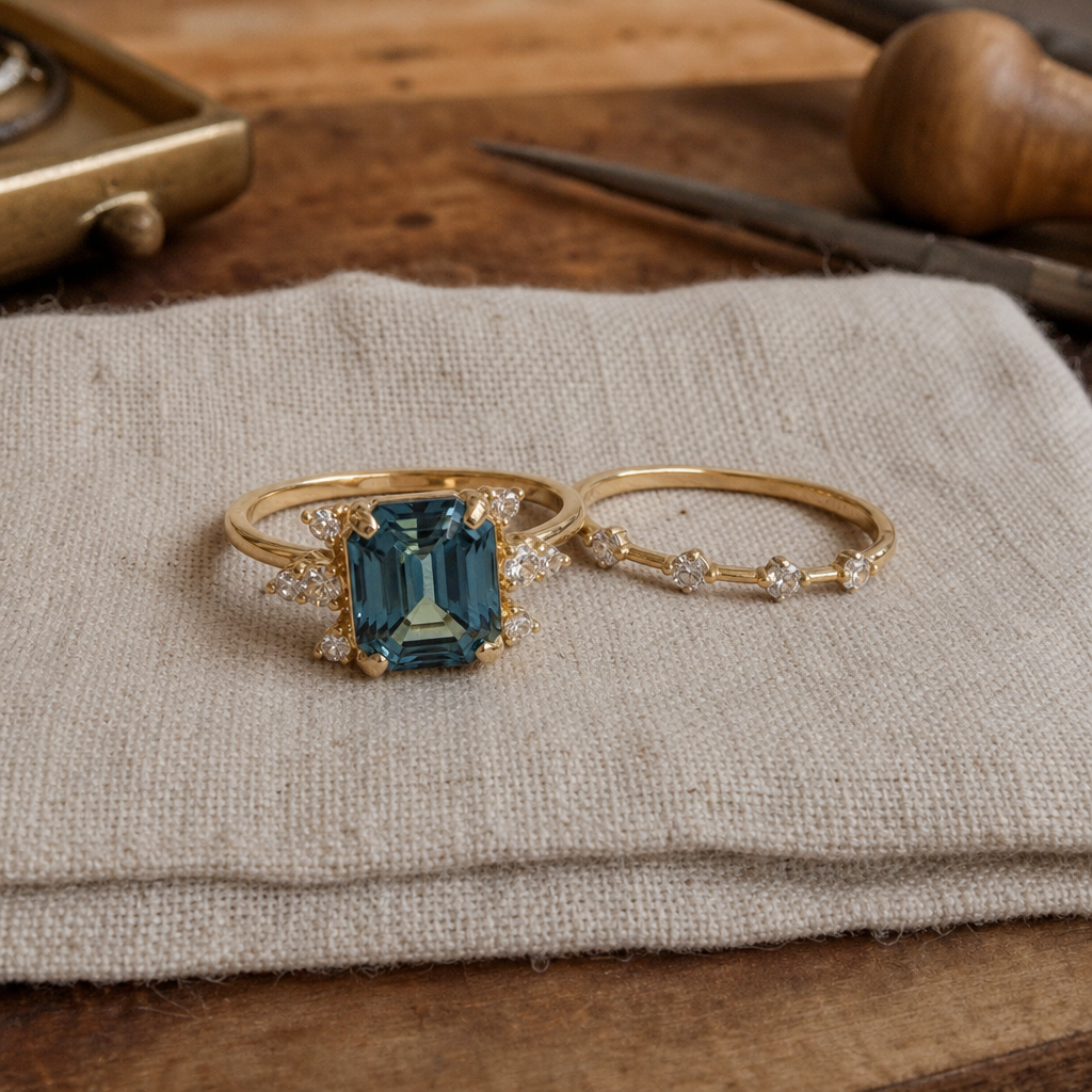 Blue Crystal Gold Ring Set