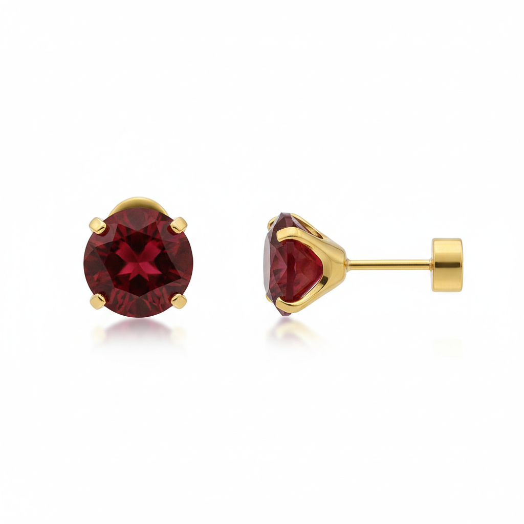 Ruby Round Stud Gold Earrings