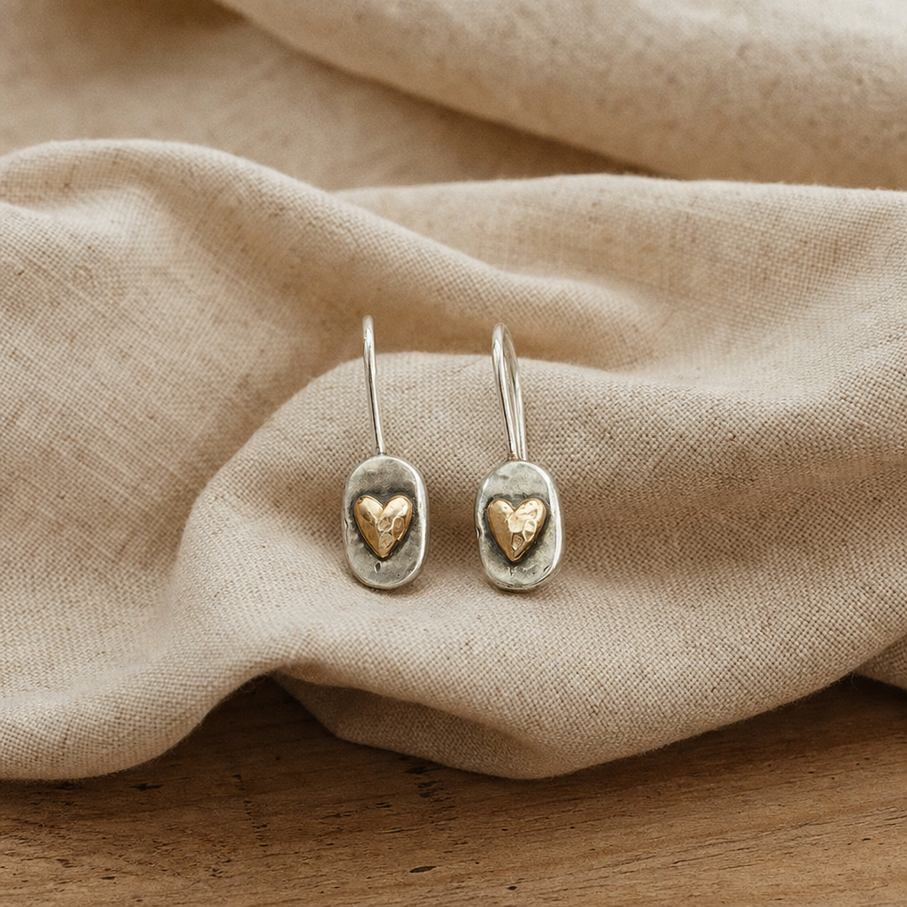 Golden Heart Silver Drop Earrings