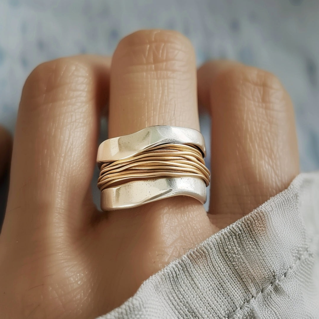 Golden Threads Hammered Silver Ring