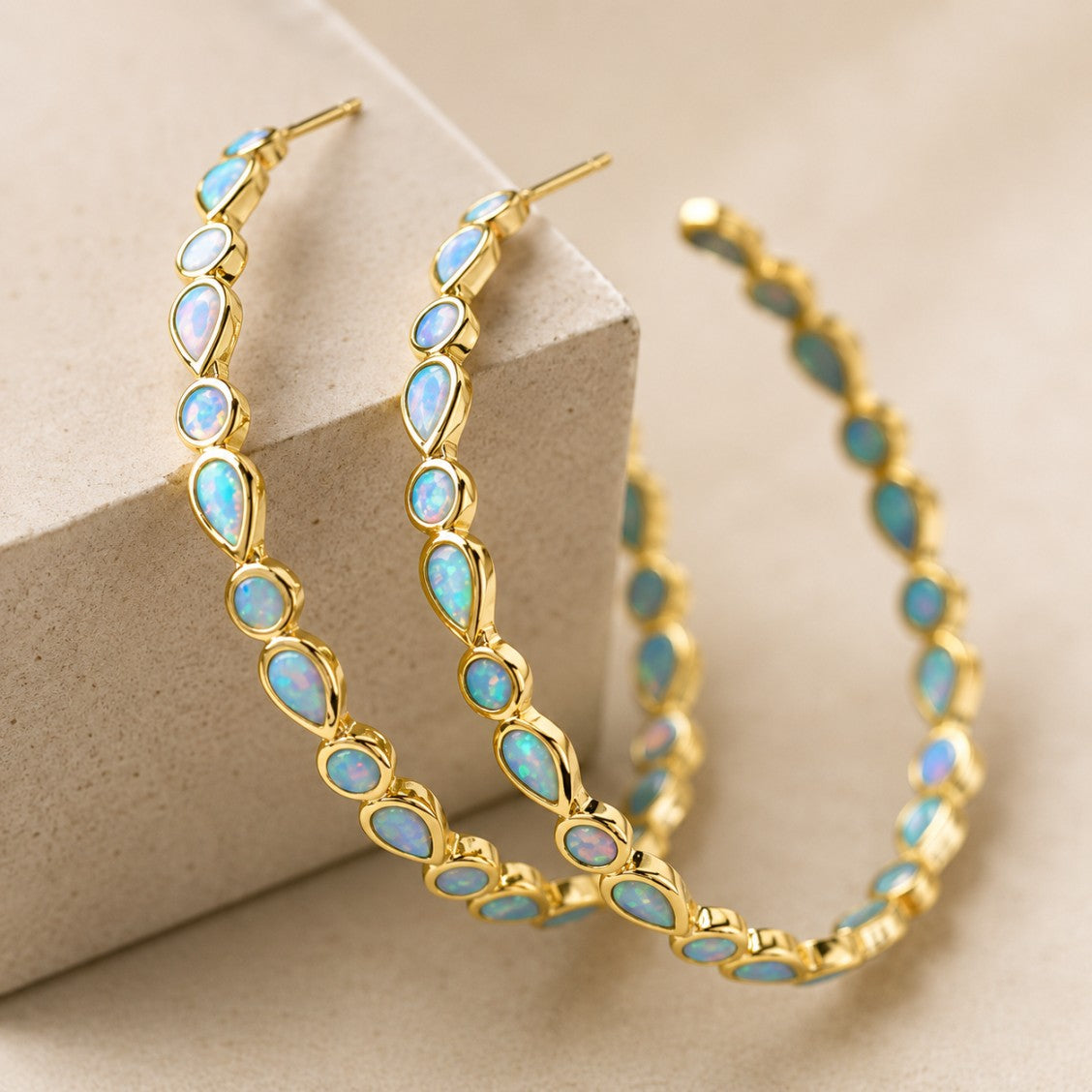 Vintage Blue Opal Gold Earrings