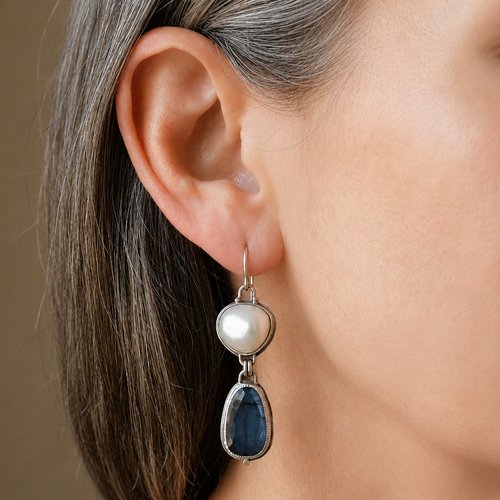 Blue Stone Pearl Earrings