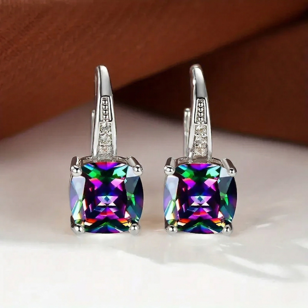 Mystic Stone White Gold Hoop Earrings