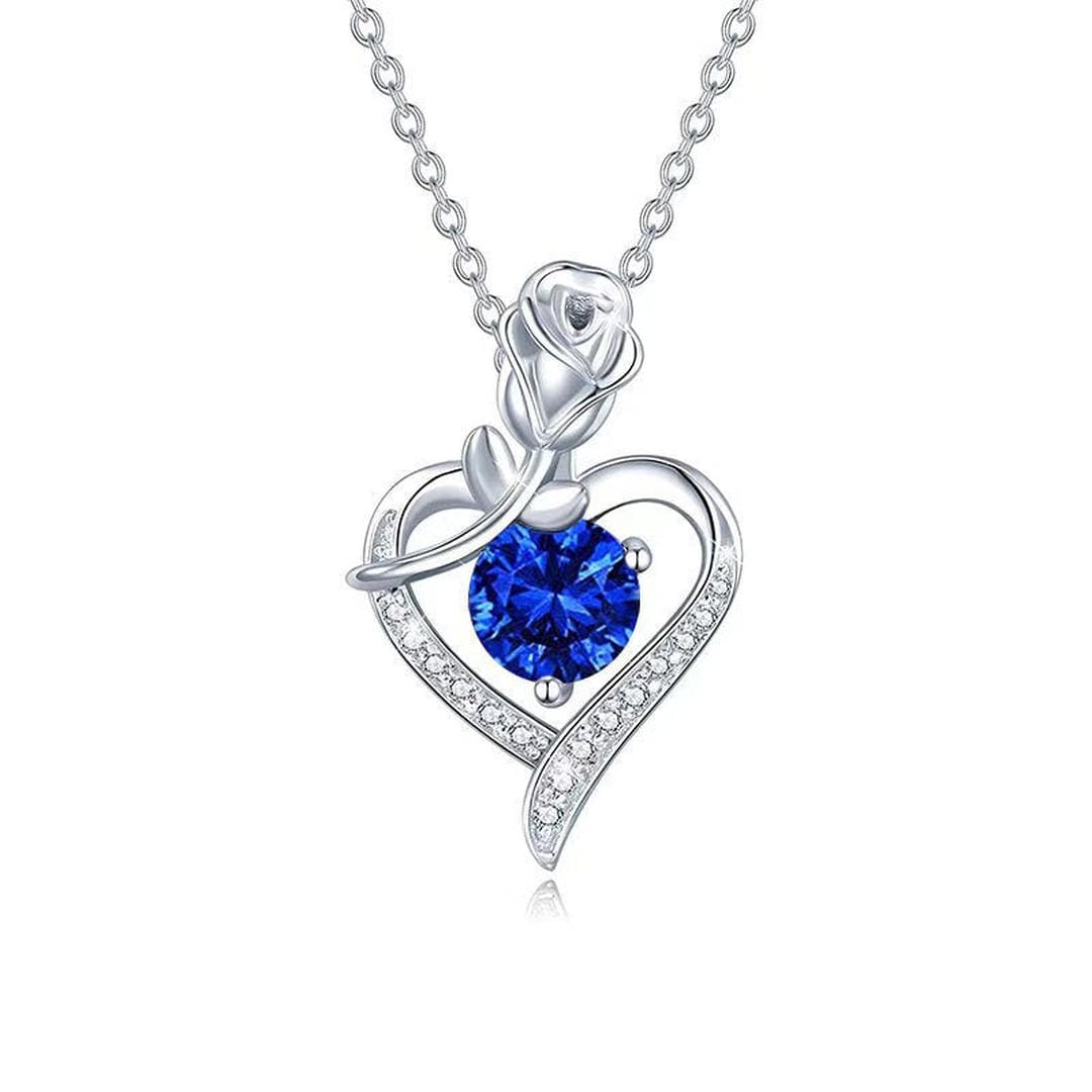 Sapphire Rose Heart White Gold Necklace