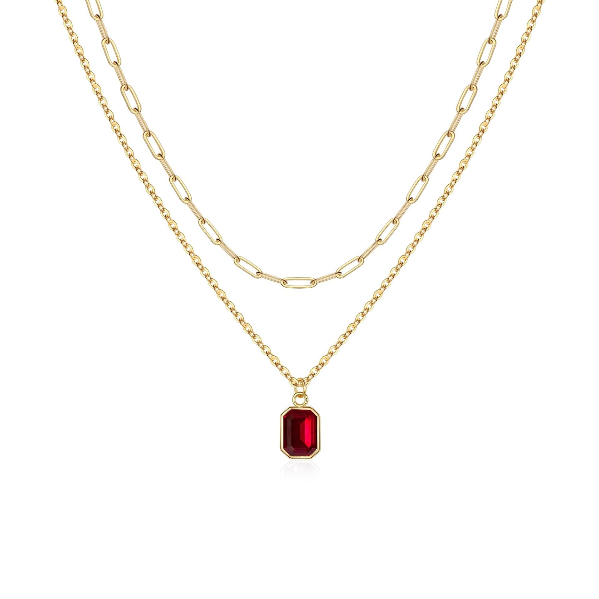 Paperclip Layered Ruby Gold Necklace