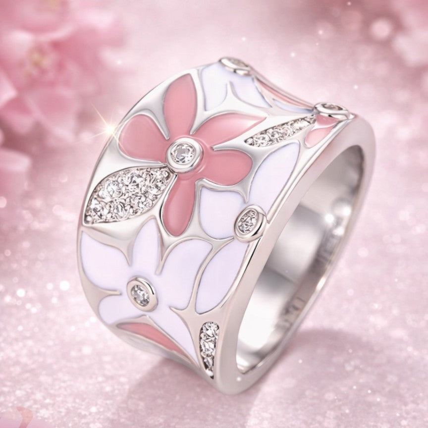 Elite Pink Flower Silver Ring