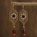 Gold Garnet & Pearl Drop Earrings