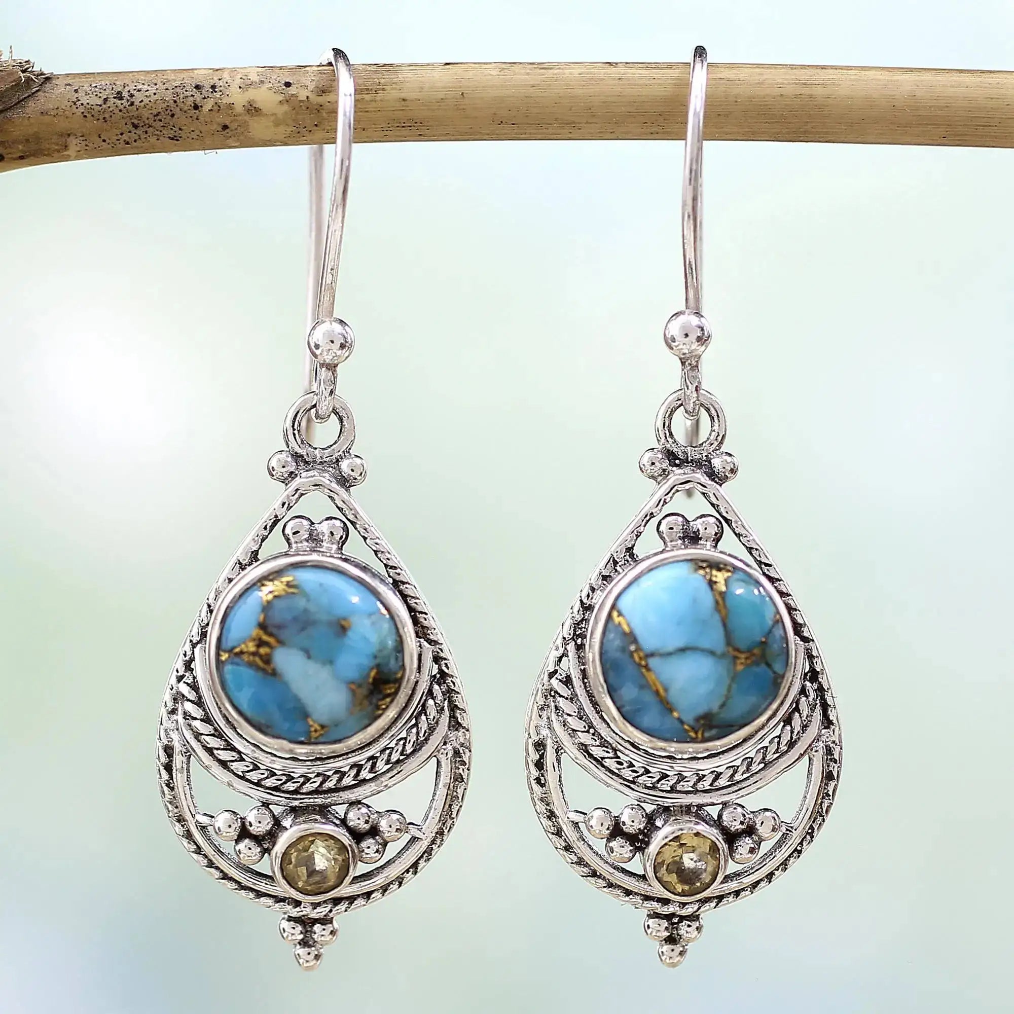 Blue Turquoise Ornate Drop Earrings