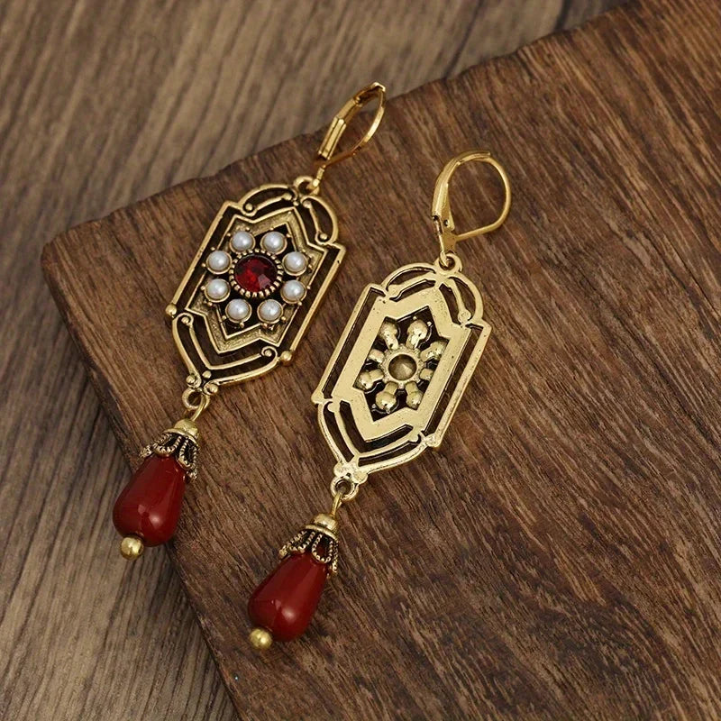 Gold Garnet & Pearl Drop Earrings