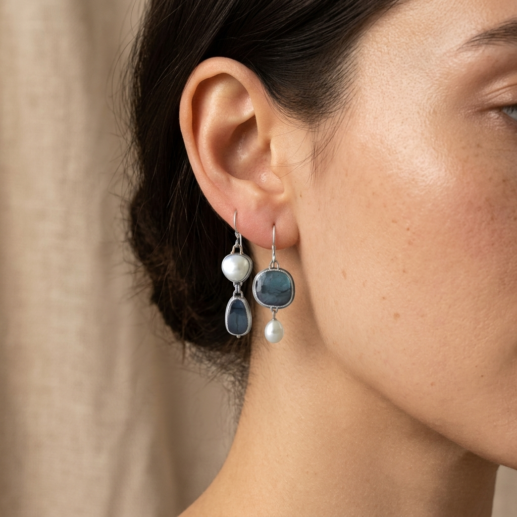 Graceful Blue Stone Pearl Earrings