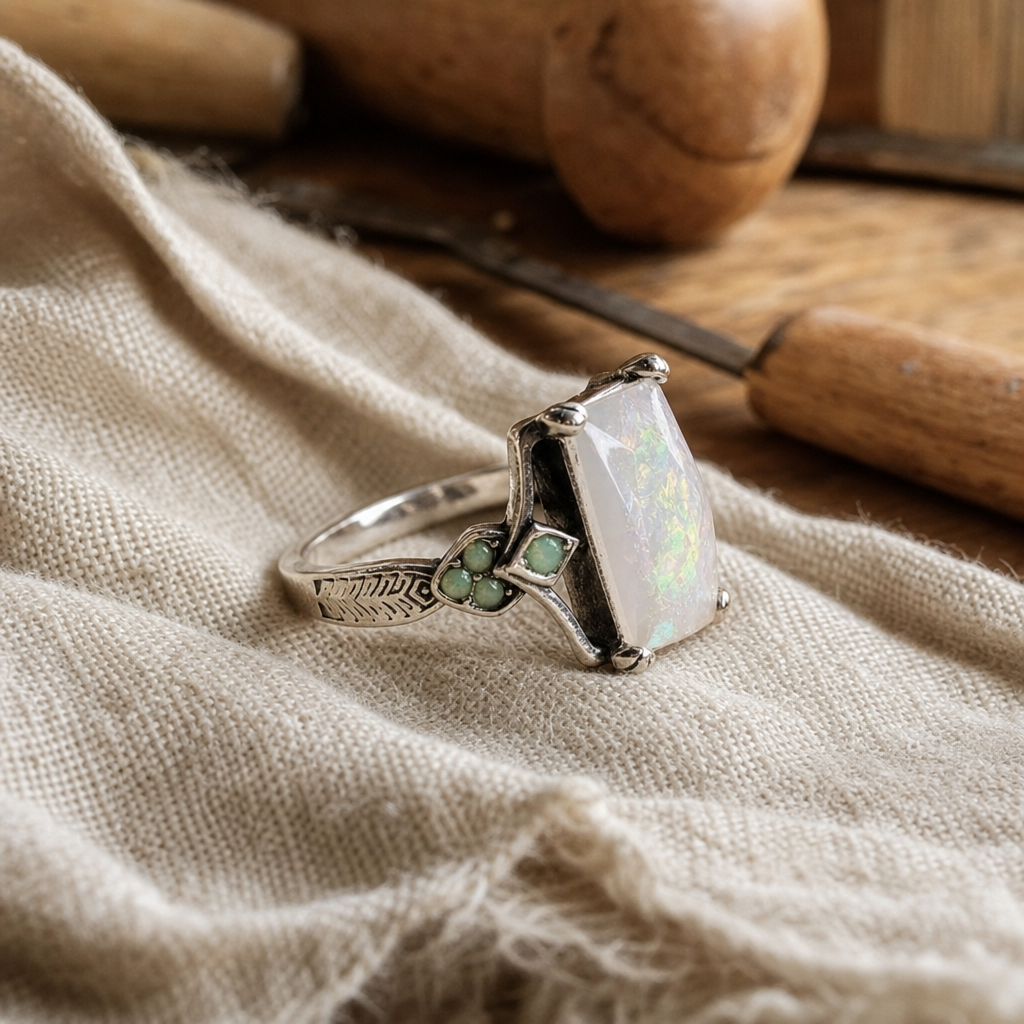 White Opal Silver Heirloom Ring