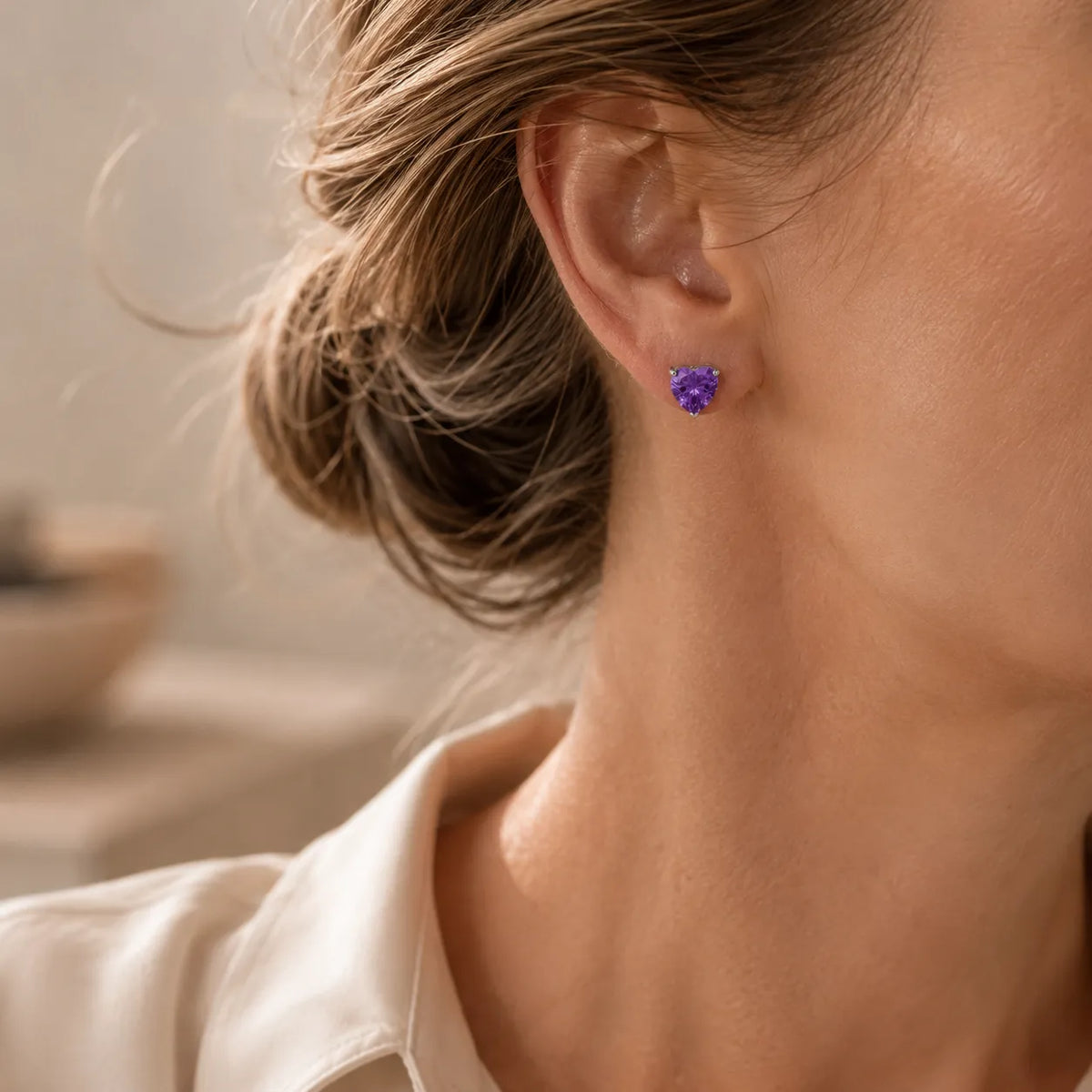 Amethyst Heart Gold Studs