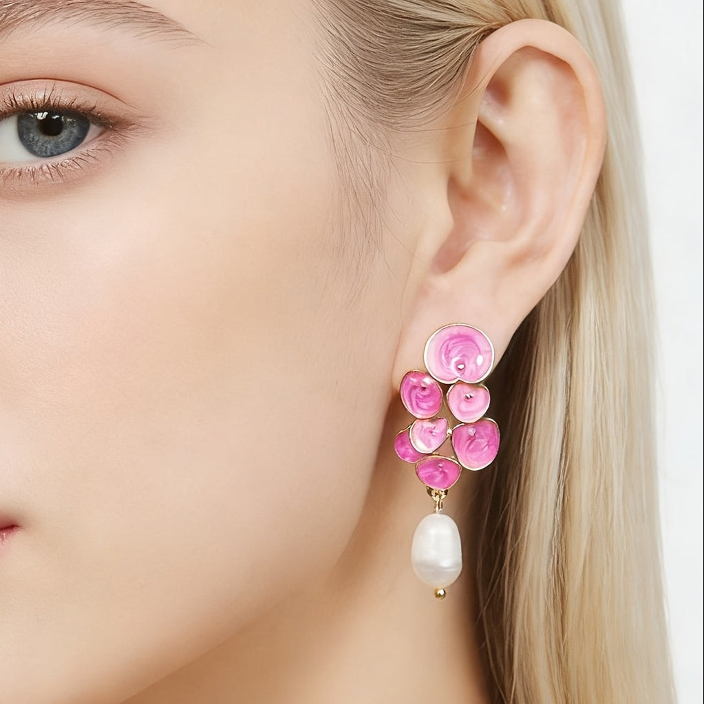 Enamel Pearl Flower Earrings