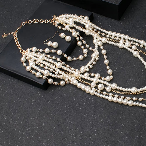 Boho Multi Layered Pearl Statement Set