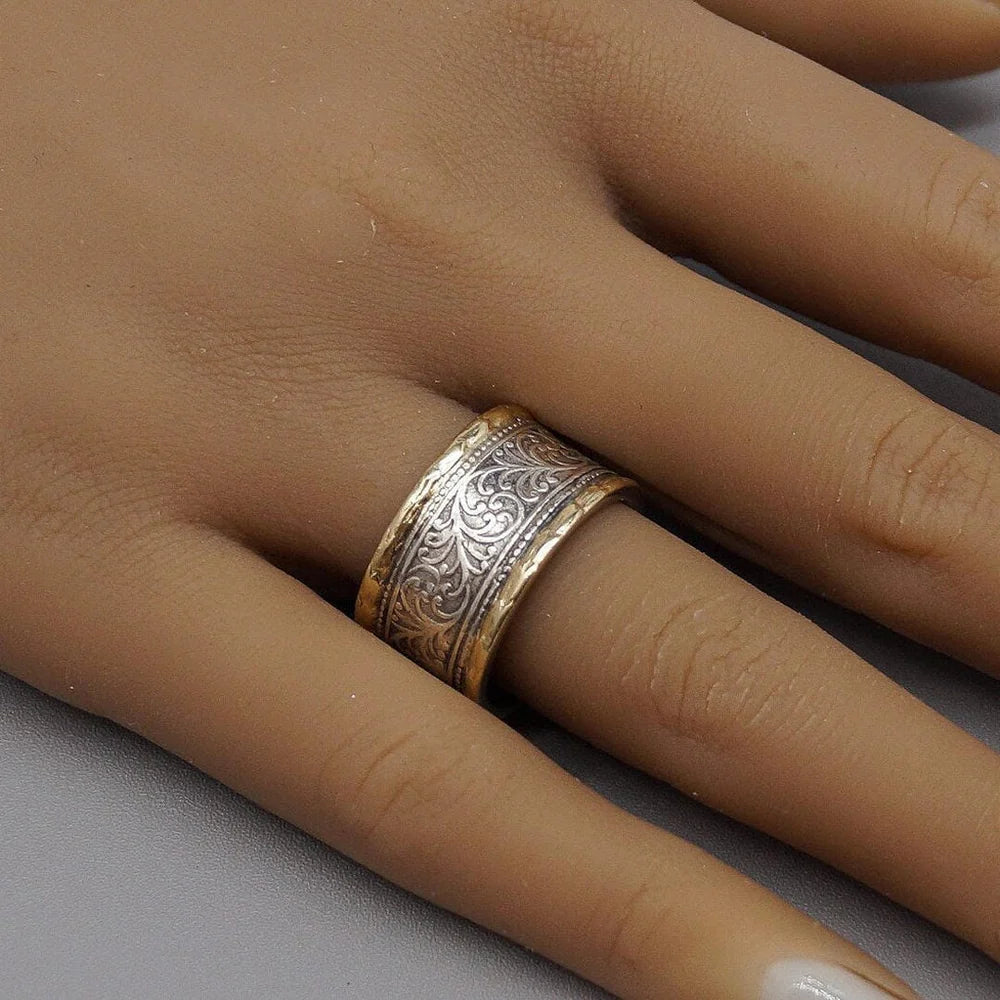 Carved Two Tone Crown Ring