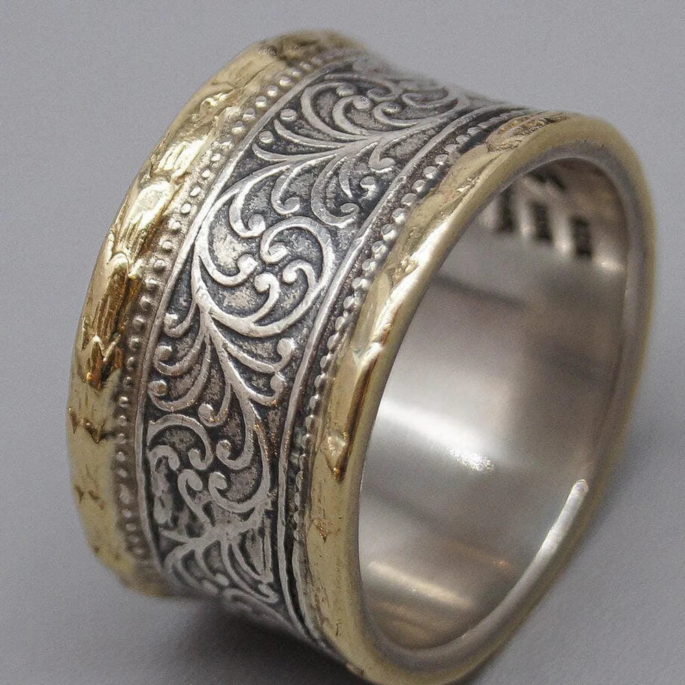 Carved Two Tone Crown Ring