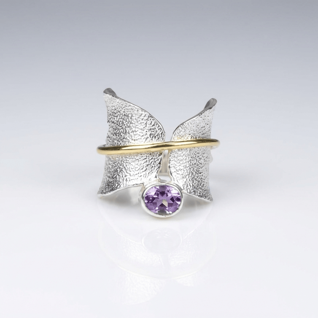 Butterfly Amethyst Silver and Gold Ring