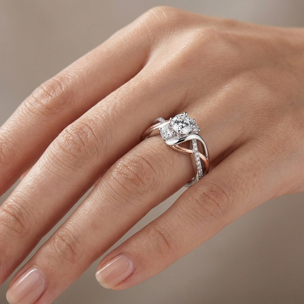 Silver Rose Gold Zirconia Twist Ring