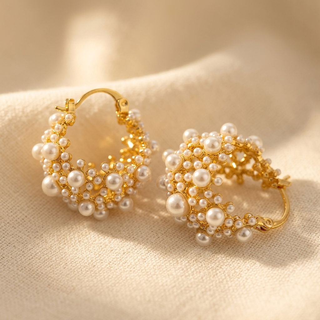 Pearl Cluster Hoop Earrings